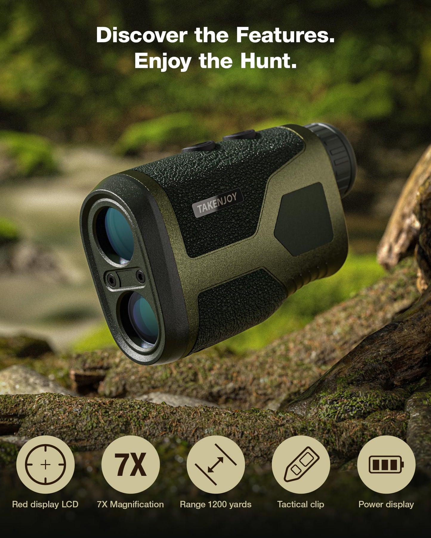 TAKENJOY HM7 Hunting Rangefinder, 1200Yards Laser rangefinder for Hunting, Red LCD Display with 7X Magnification, Speed Mode, Rechargeable, Lightweight, Waterproof, Carrying Case